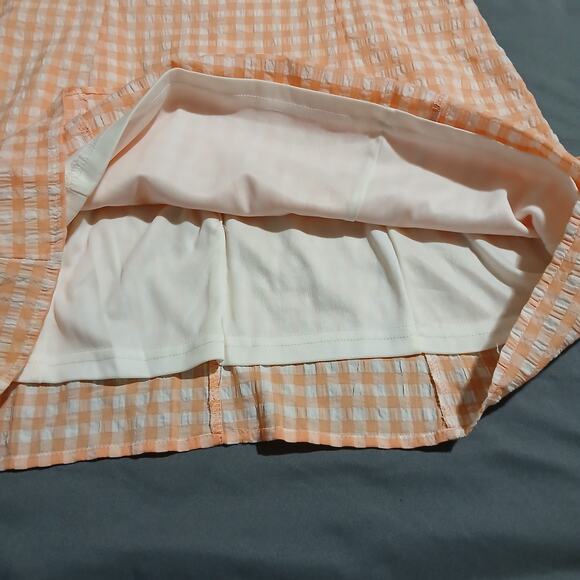 MABLE large peach seersucker gingham short puff sleeve fully lined mini-dress - Picture 4 of 14